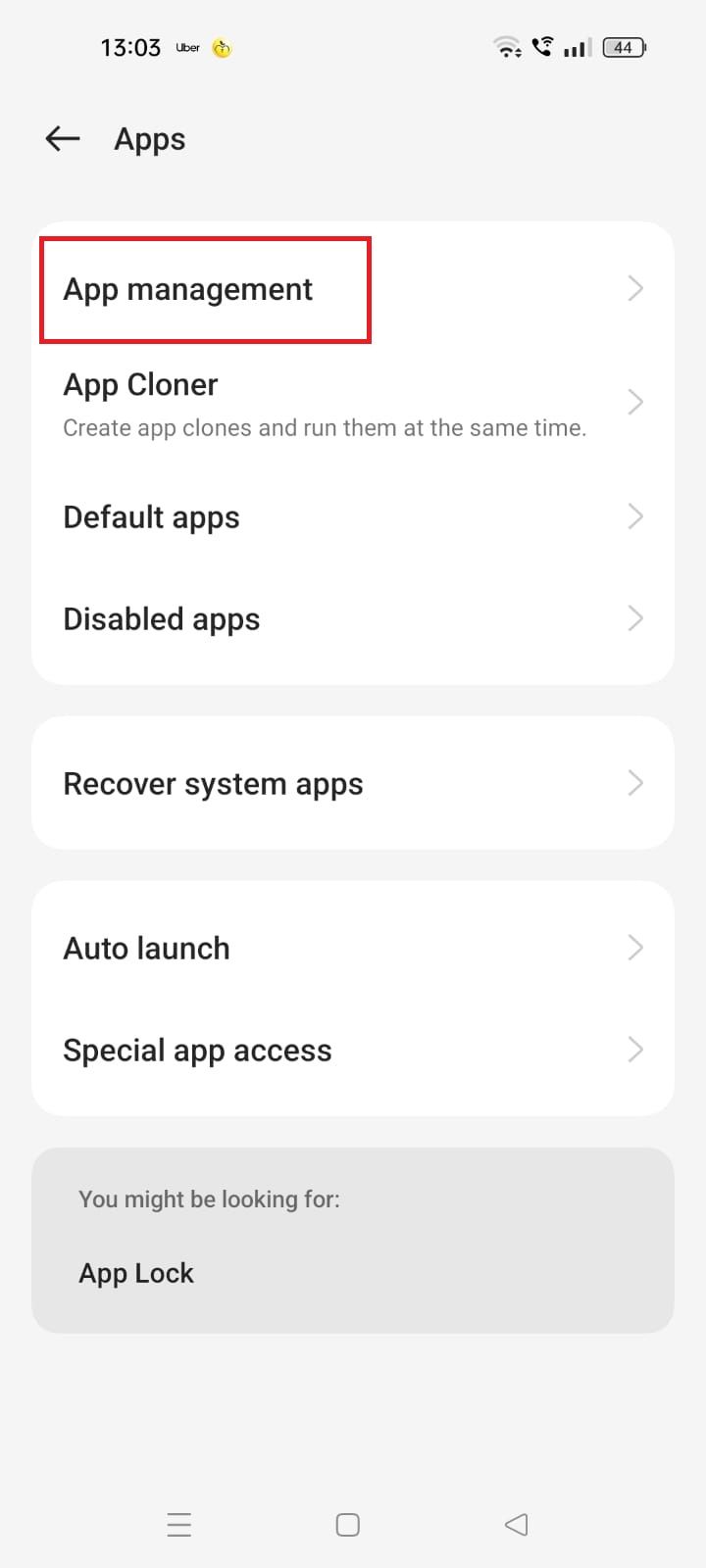 Screenshot highlighting app management in settings