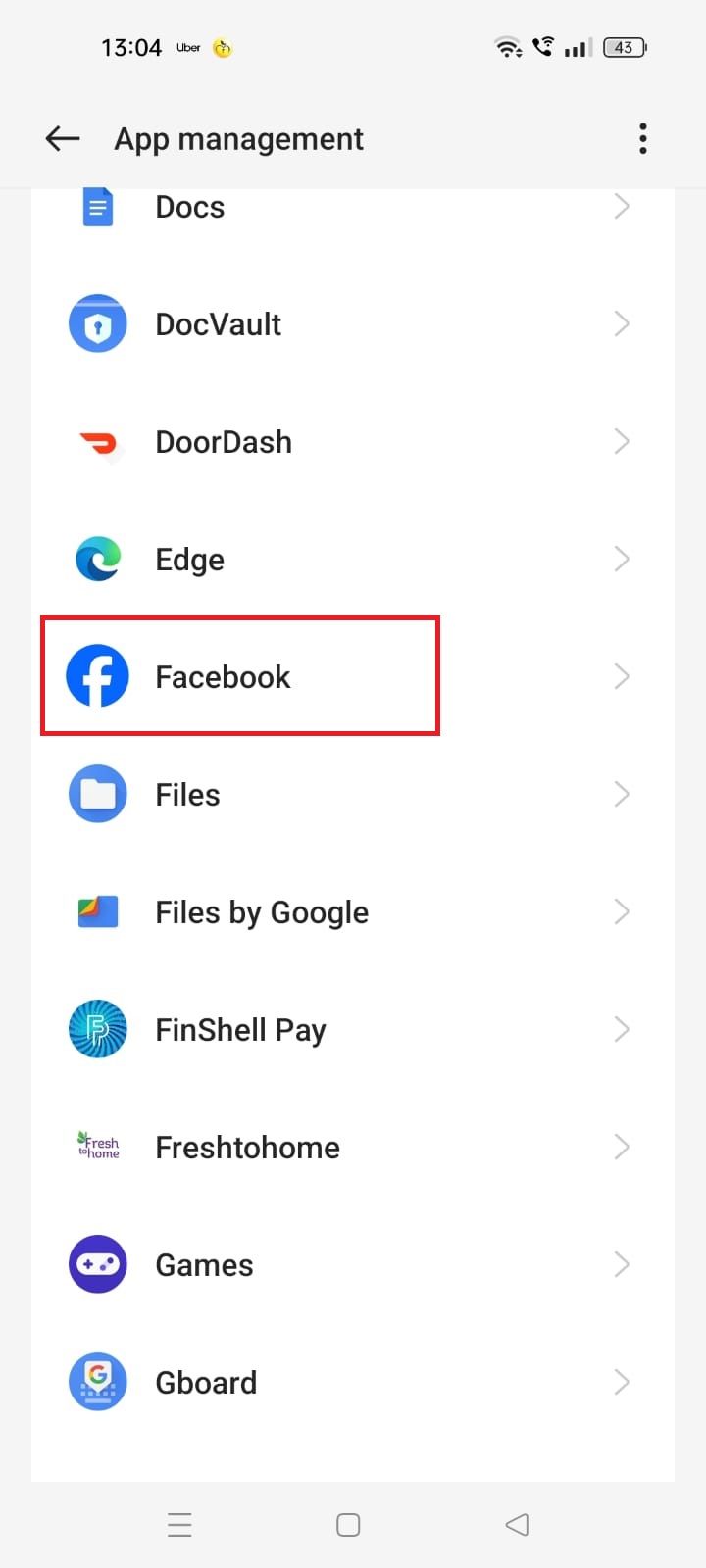 A screenshot highlighting the Facebook app in Settings