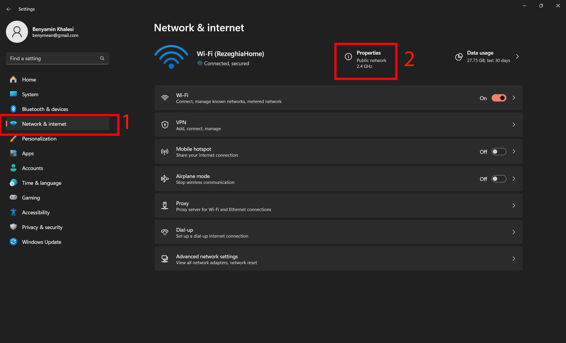  A screenshot from a Windows computer showing the Network & Internet settings with 'RezeghiaHome' Wi-Fi network properties expanded.