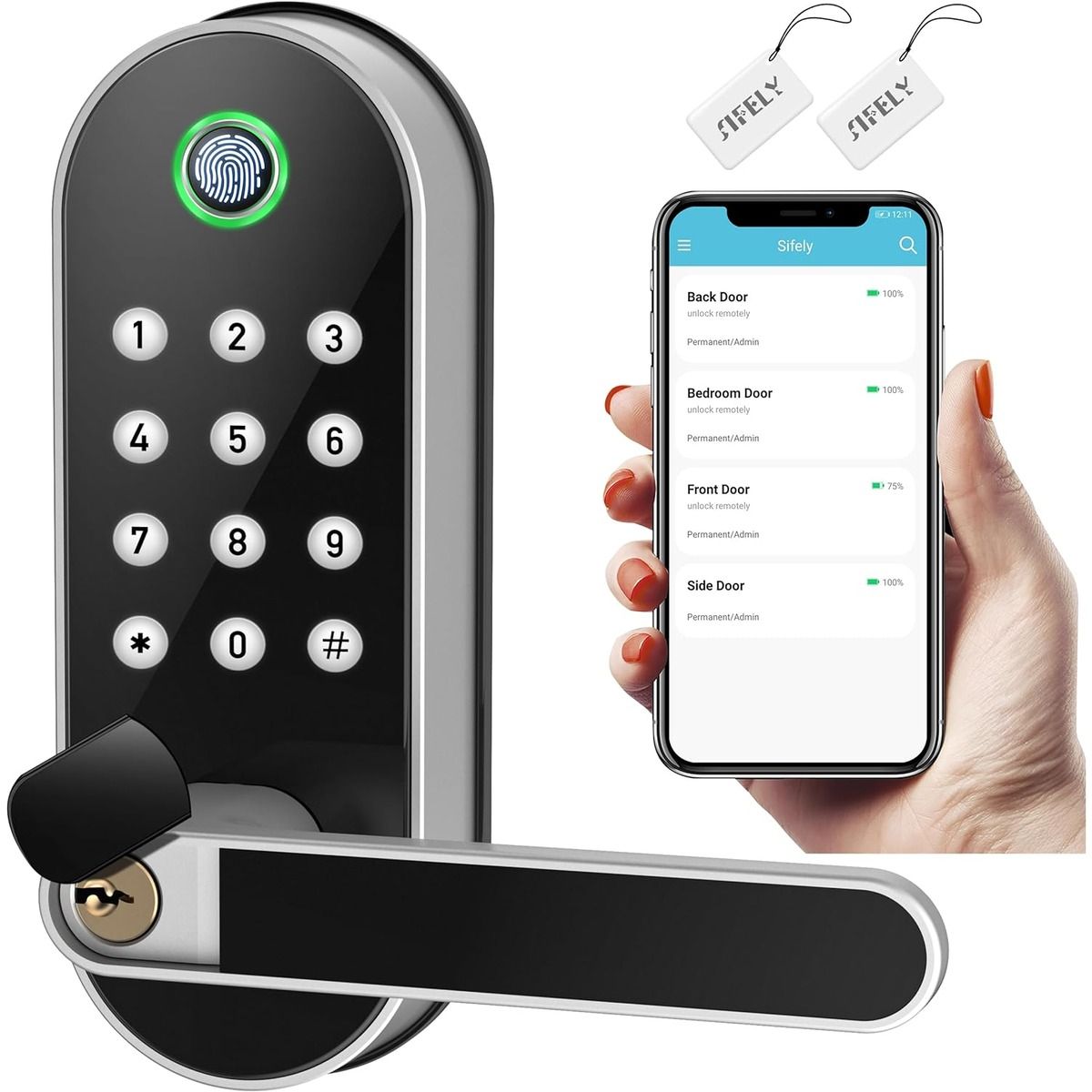 The Sifely Smart Lock and a smartphone against a white background
