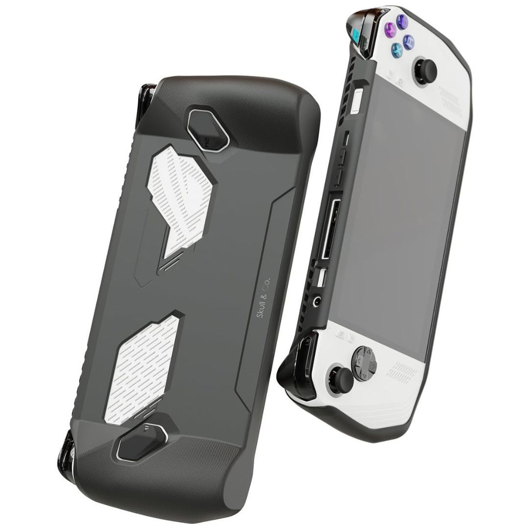 A handheld gaming console with a black case displaying the back and front side