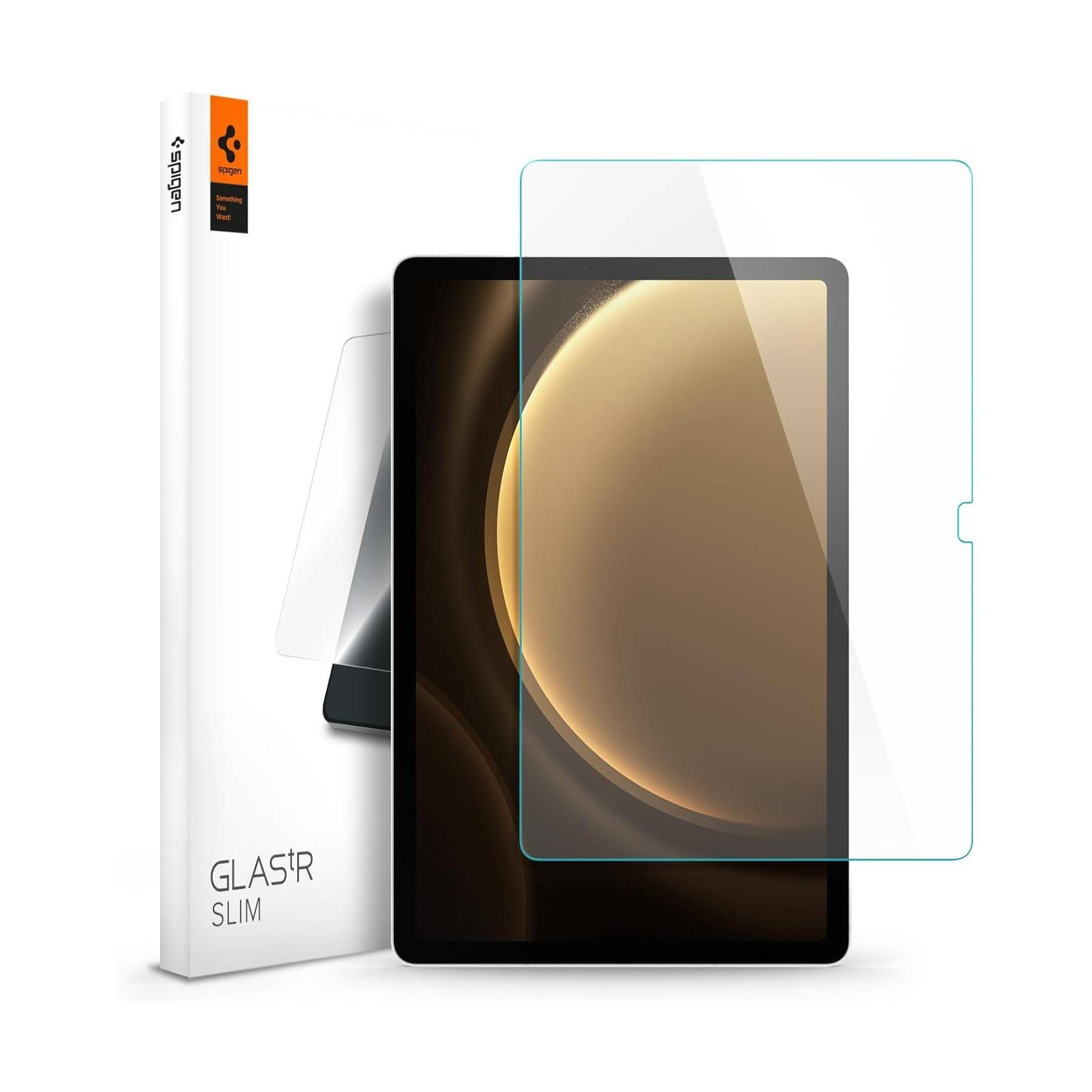 Render of Spigen Tempered Glass Screen Protector for Galaxy Tab S9 FE showing product packaging