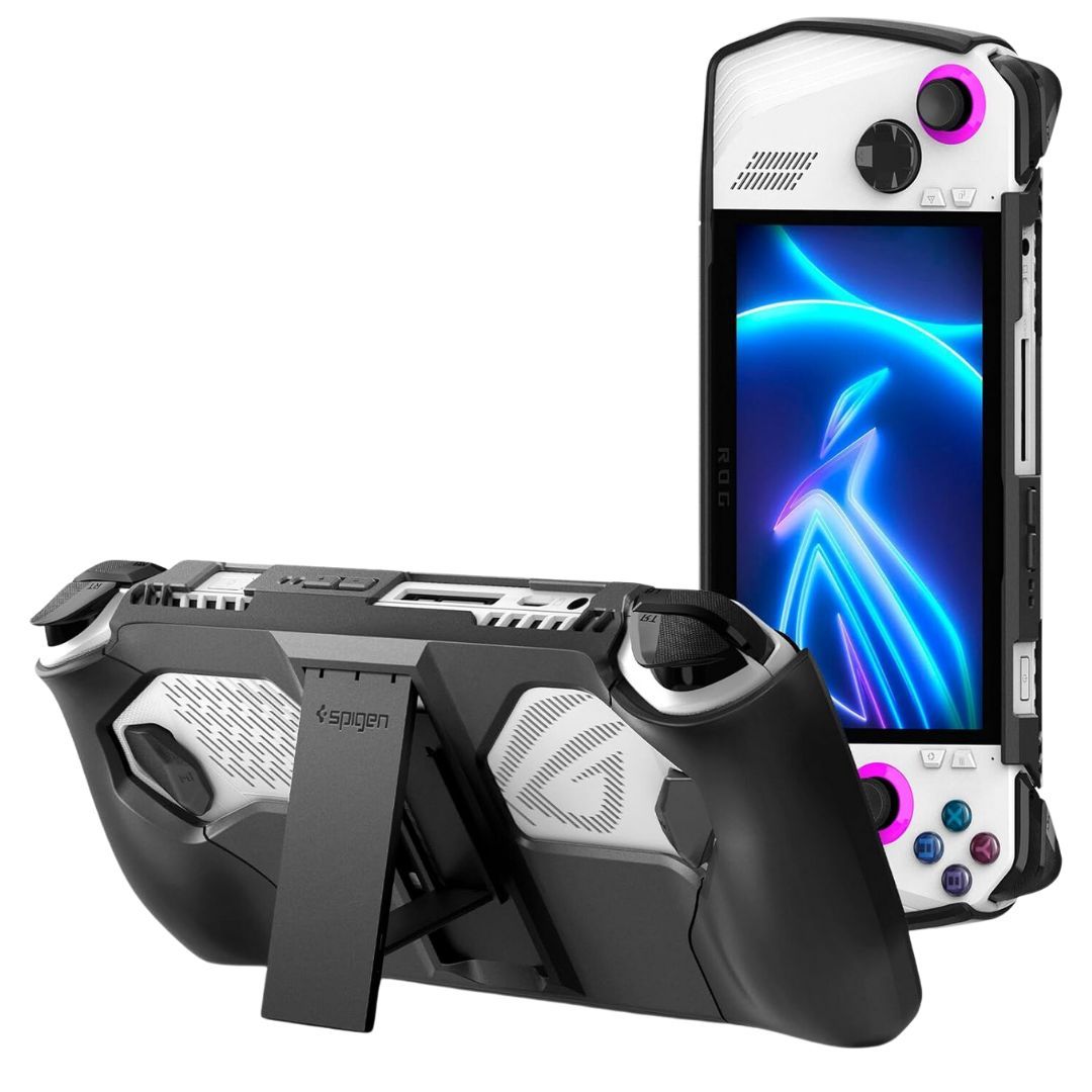 A handheld gaming console with a black case with a kickstand, displaying the back and front side