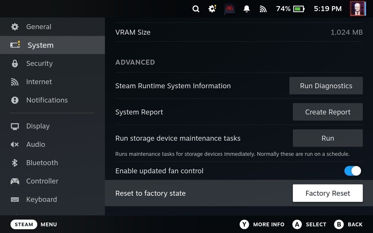 steam deck system settings page