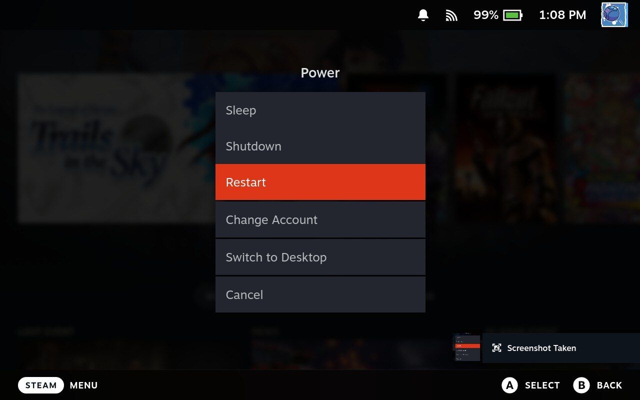 Steam Deck screenshot showing restart menu