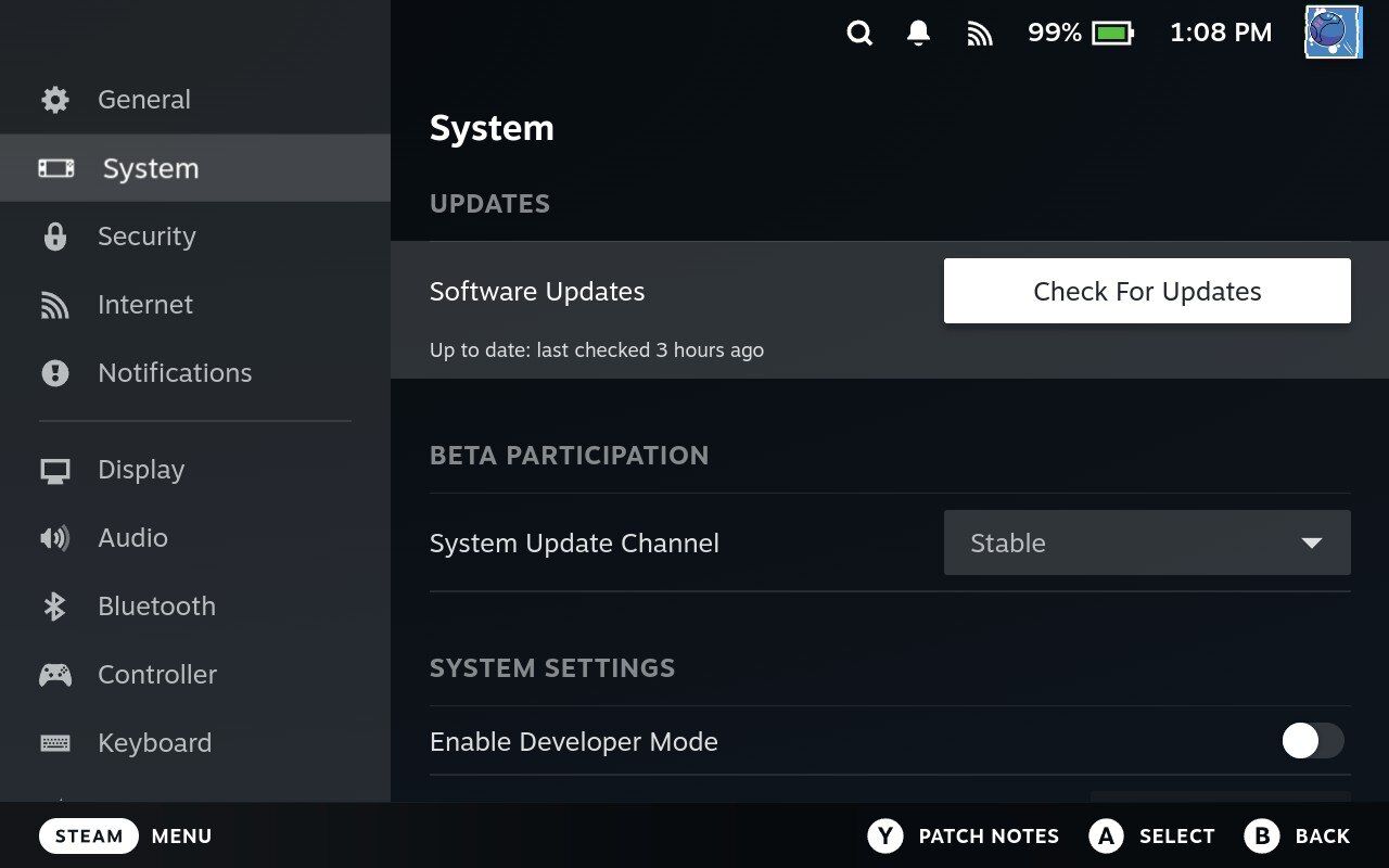 Steam Deck screenshot showing update menu setting