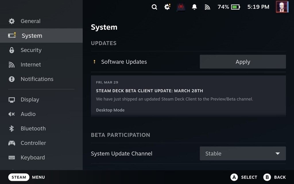 steam deck system page software updates