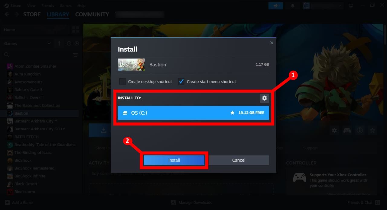 dialog window for a new install on Asus ROG Ally steam launcher showing the install location and install button and labels