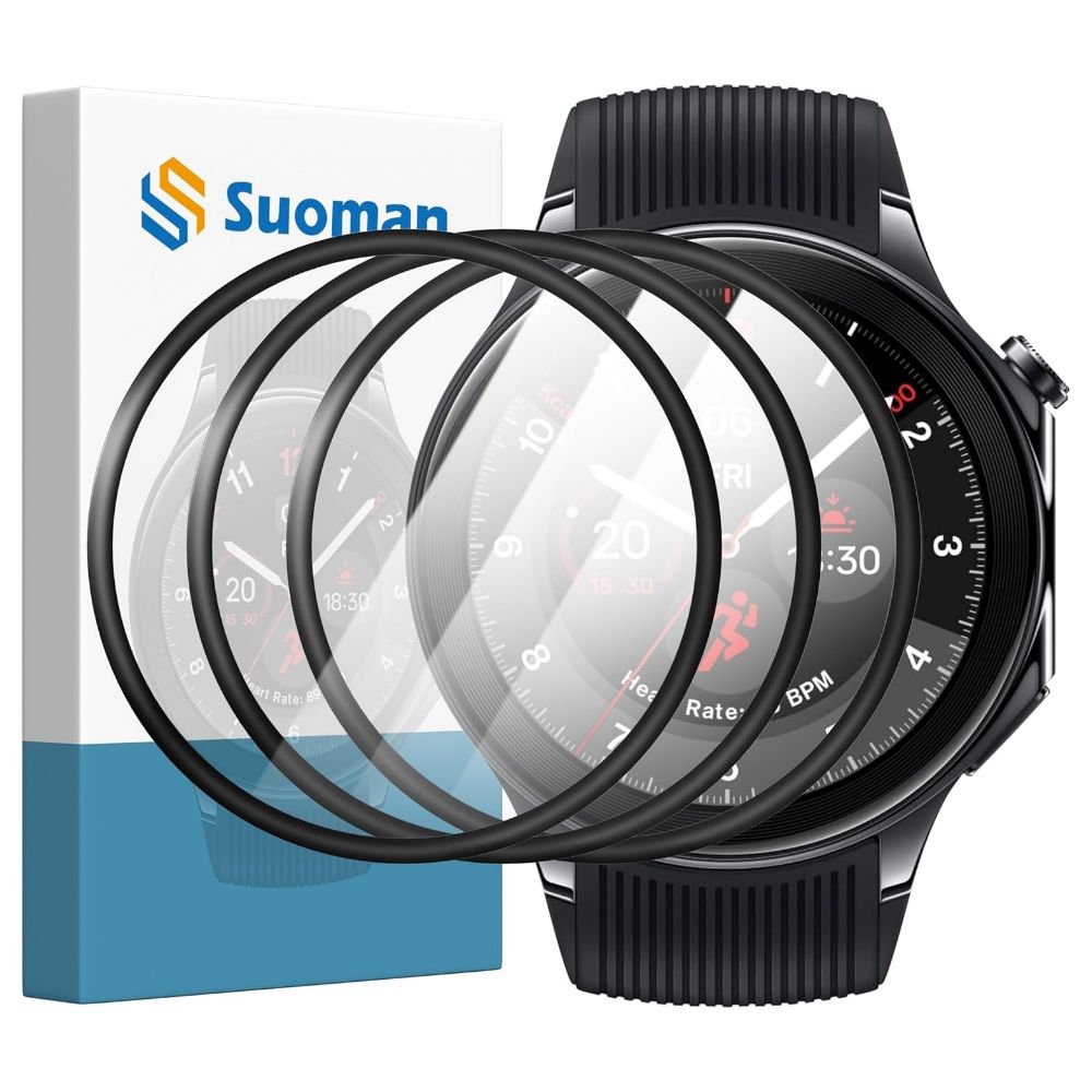 Suoman Screen Protector for OnePlus Watch 2 beside packaging