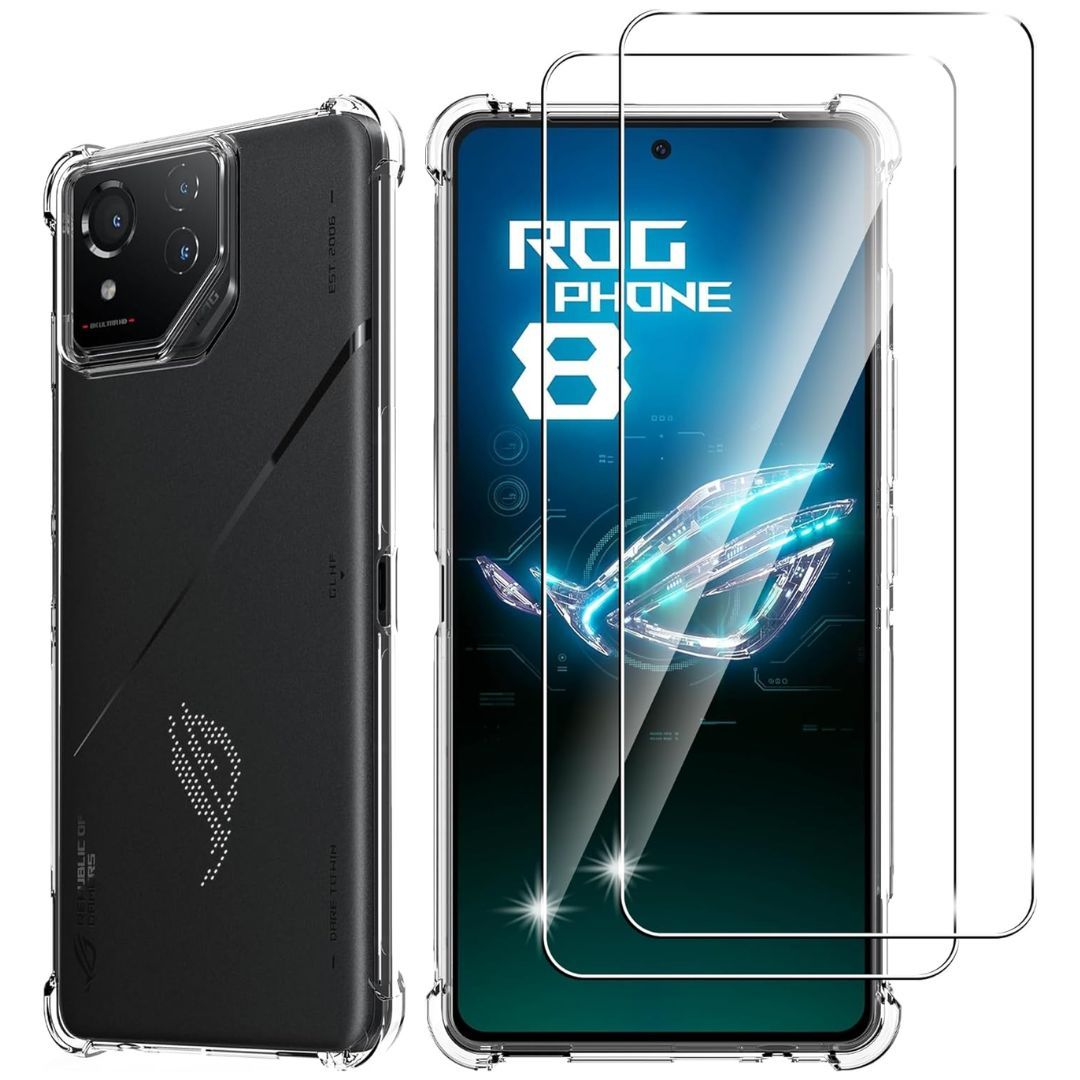 The back of the ROG Phone 8 Pro covered by a transparent case, and the front with three screen protectors on top of the display