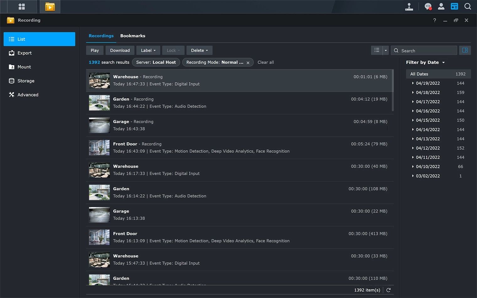 Screenshot of the Synology Surveillance Station software showing the recordings