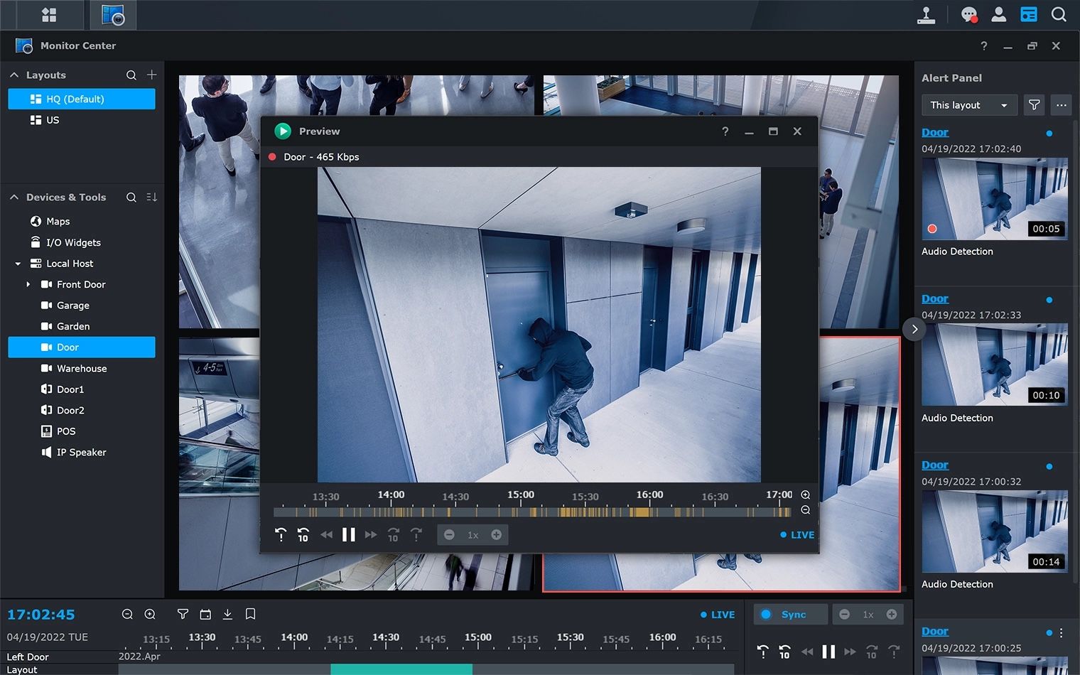 Screenshot of the Synology Surveillance Station software showing the camera feeds
