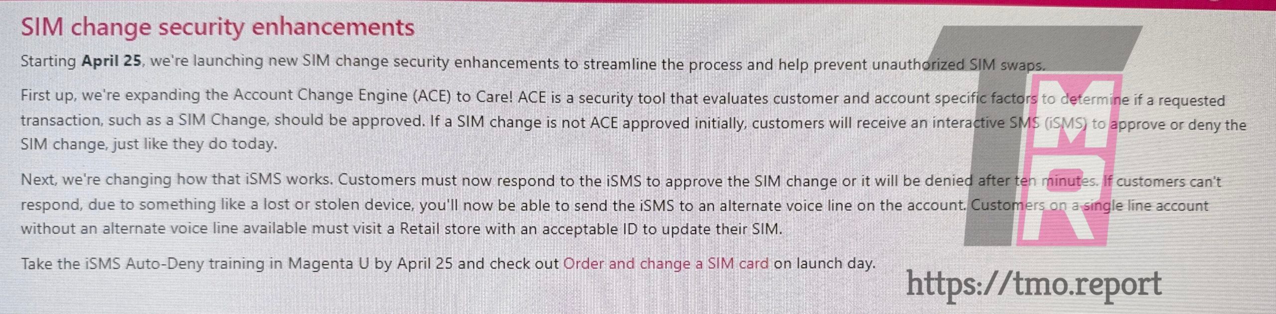 Screenshot of a change in T-Mobile's SIM security policy