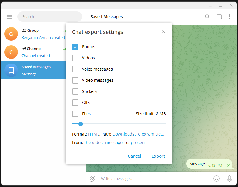 Export individual chats in the Telegram portable desktop app