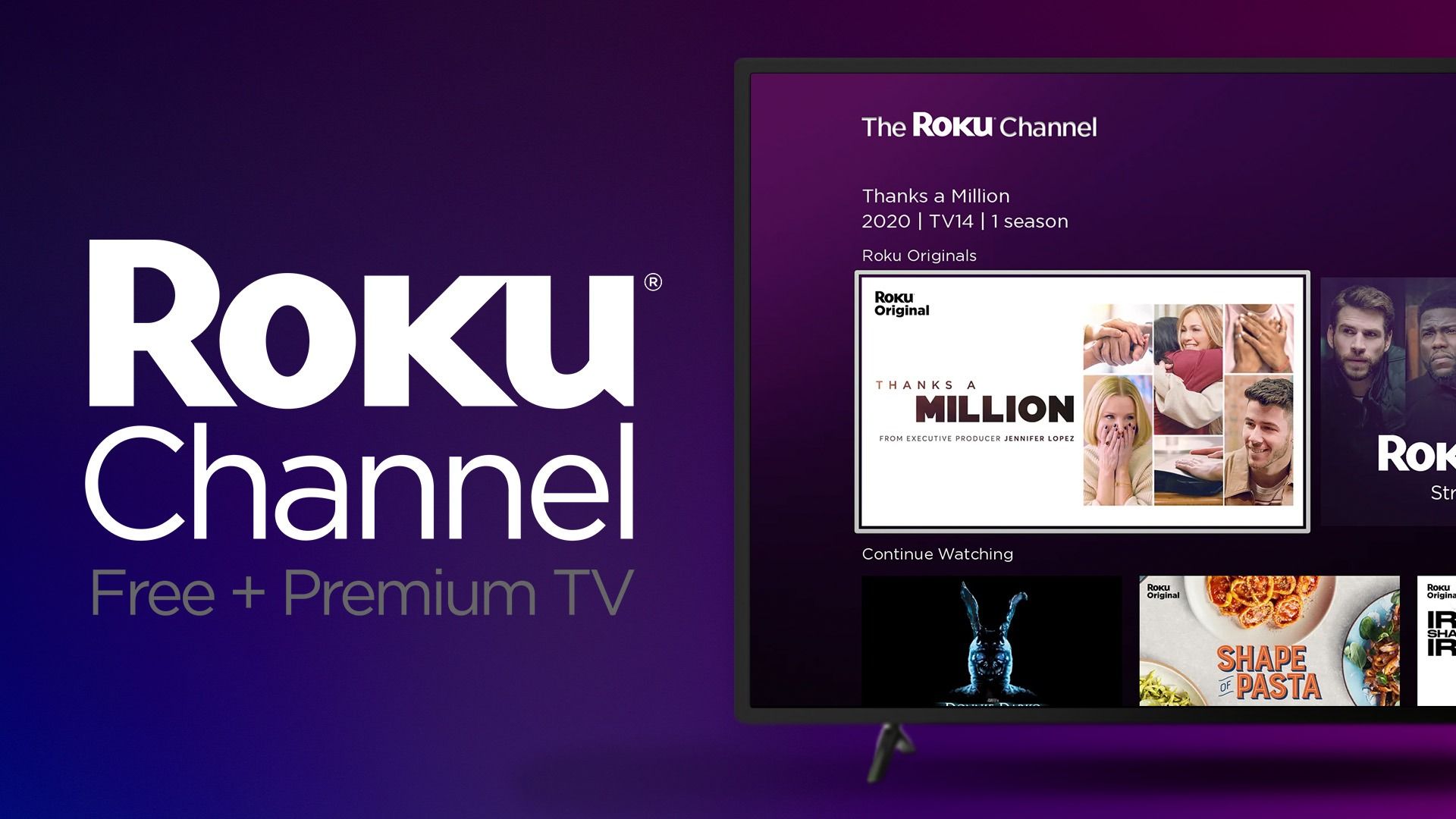 the Roku channel logo with subtext and television with the Roku channel text on a purple-blue gradient background