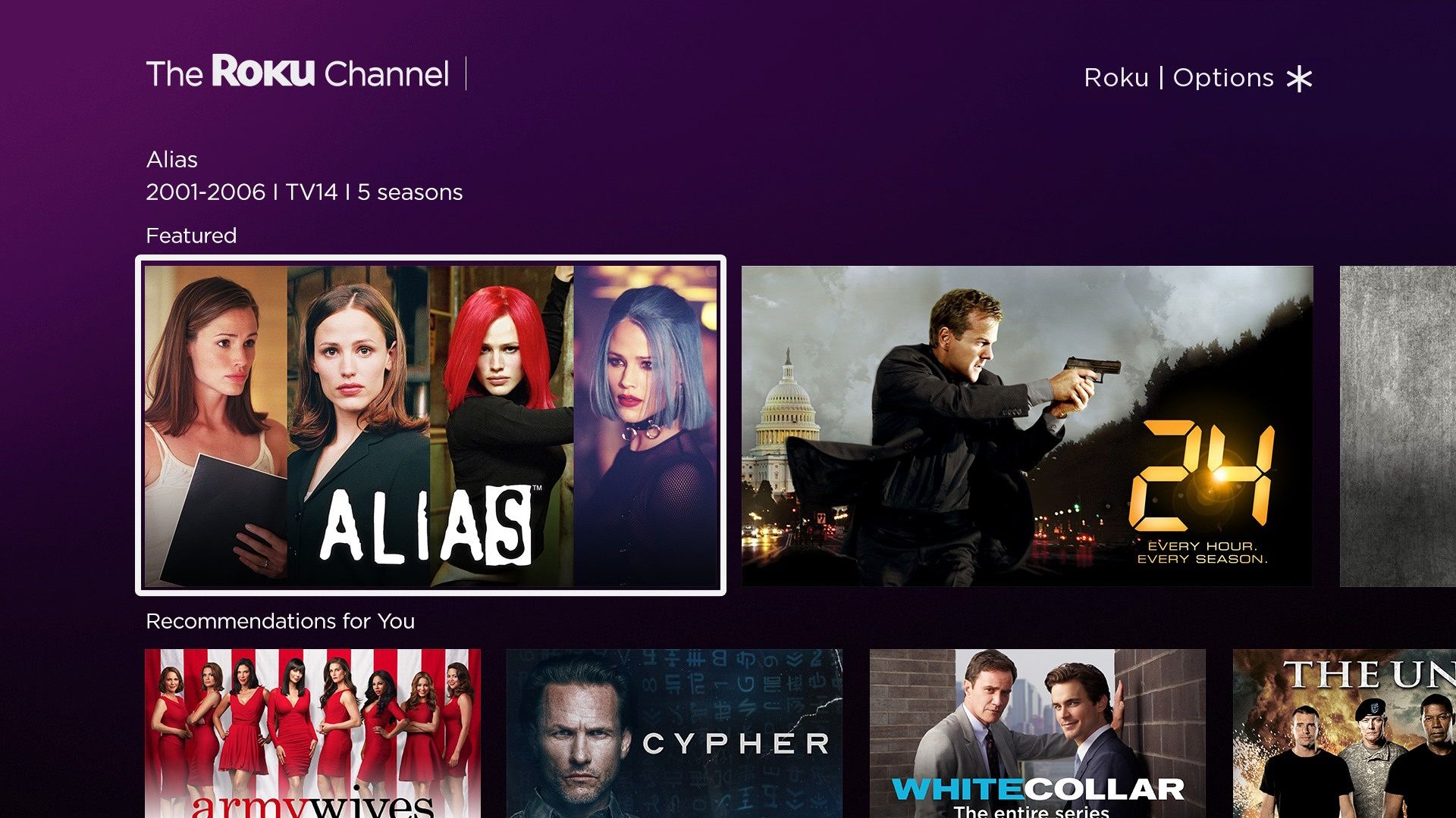 the roku channel with alias tv show highlighted