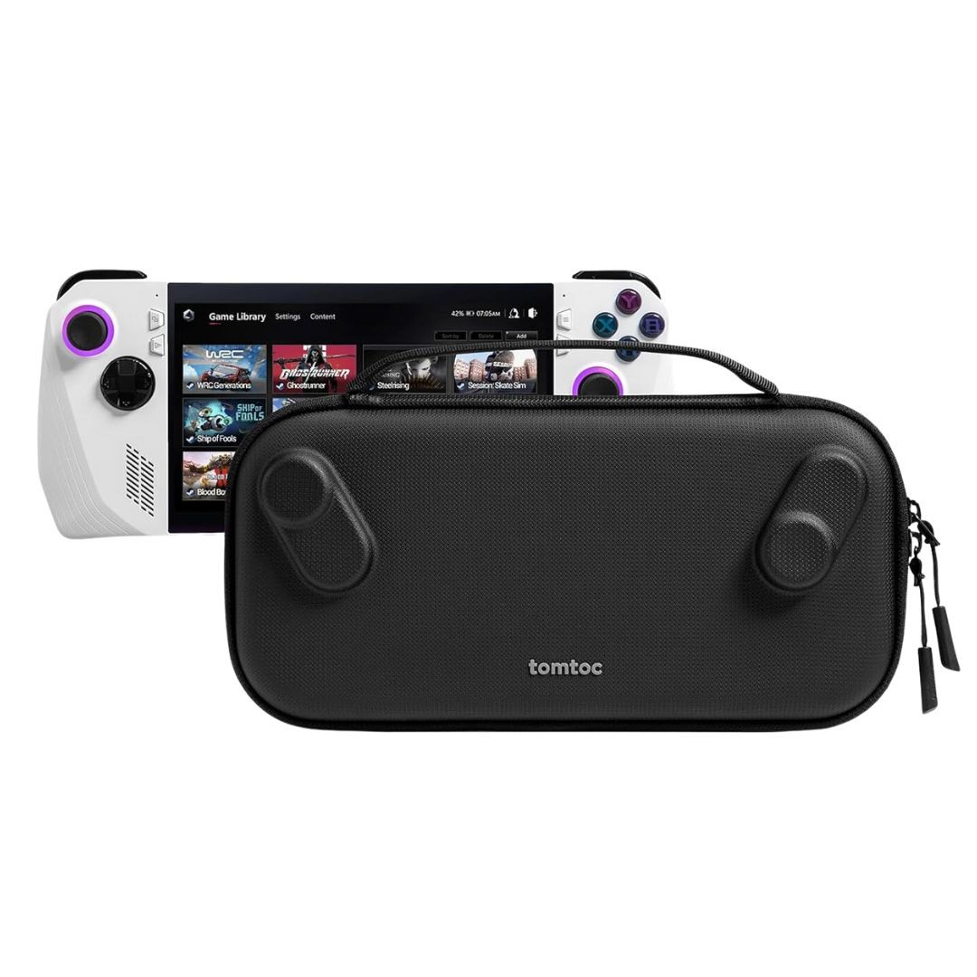 A handheld gaming console behind a black carrying case