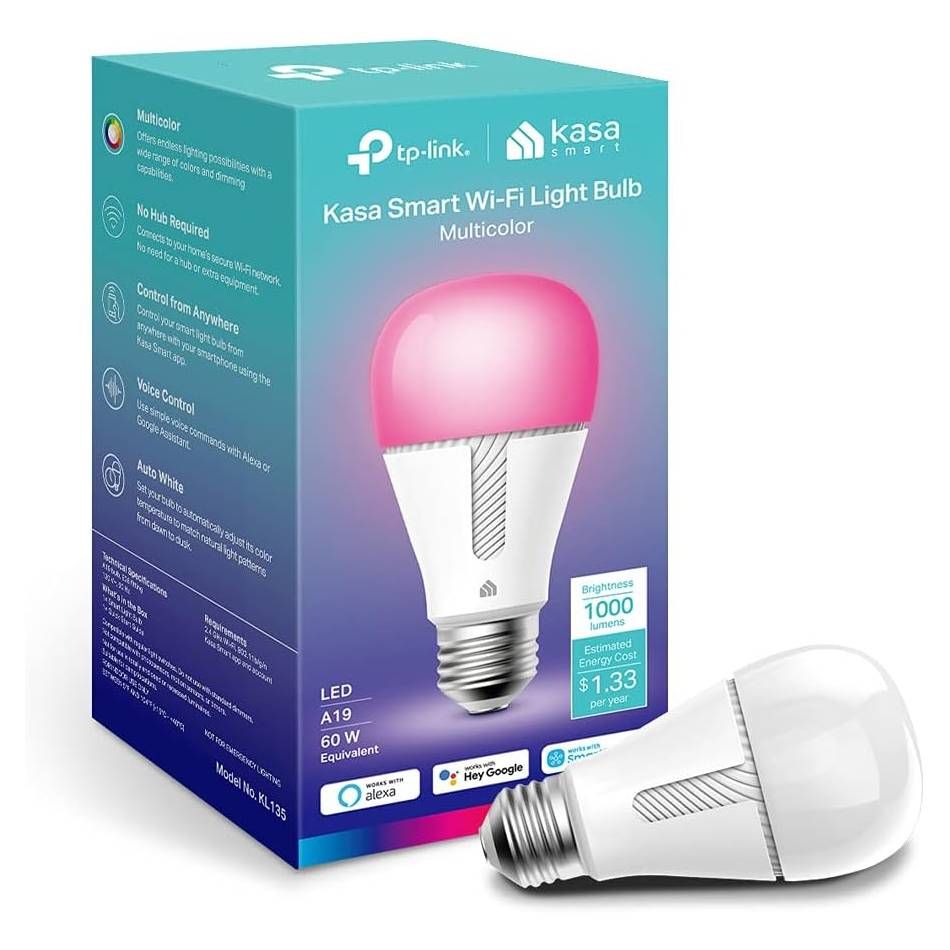 A render of the TP-Link Kasa KL135 smart bulb and its box