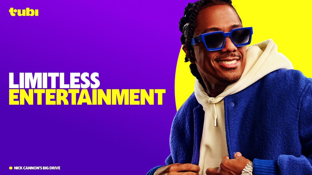 Tubi logo with a man wearing sunglasses to the right against a purple and yellow background