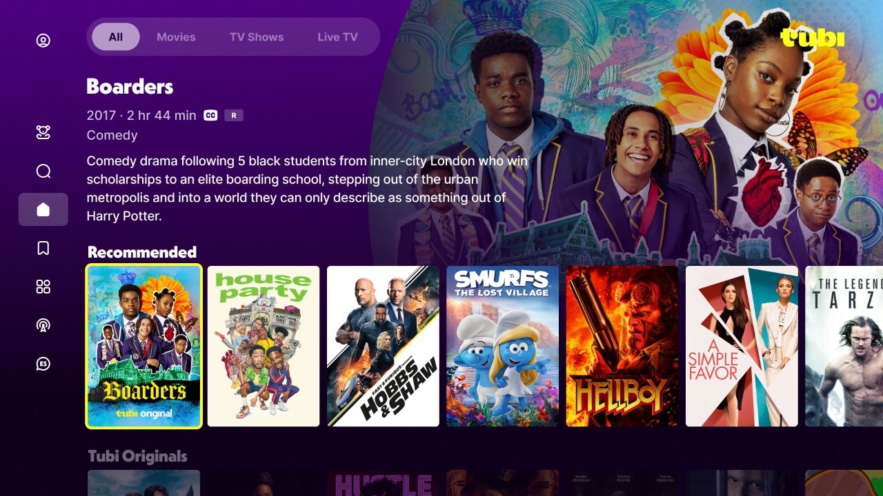 tubi showing recommended catalog in roku