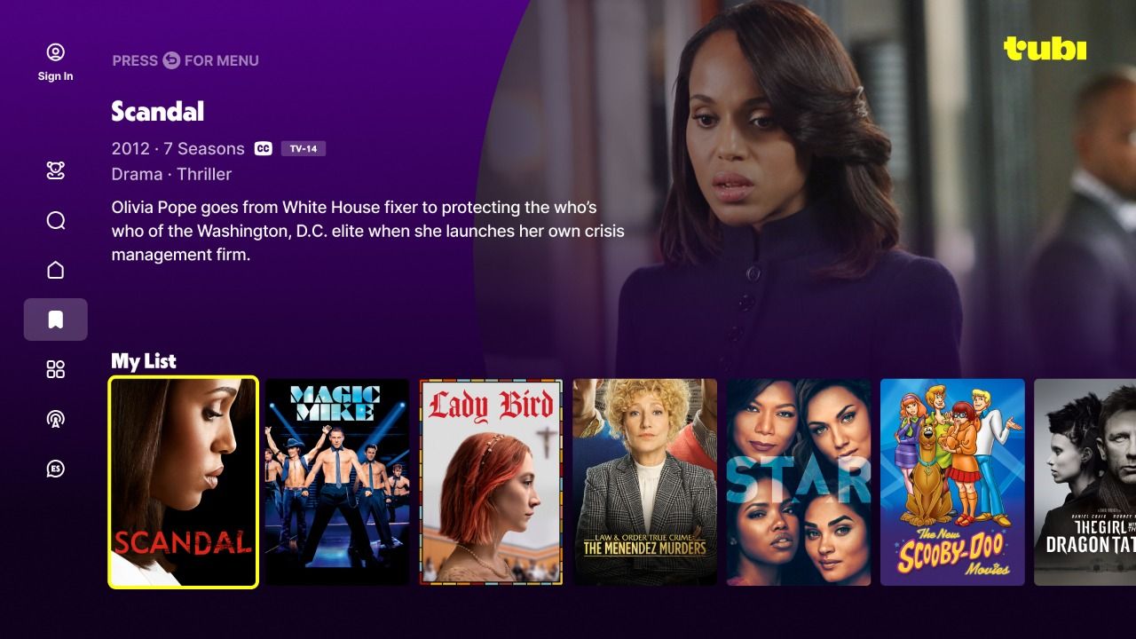 tubi ui showing my list in roku