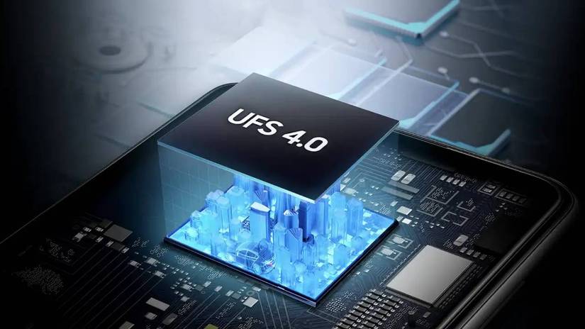 An artist's interpretation of a UFS 4.0 chip embedded in a smartphone mainboard