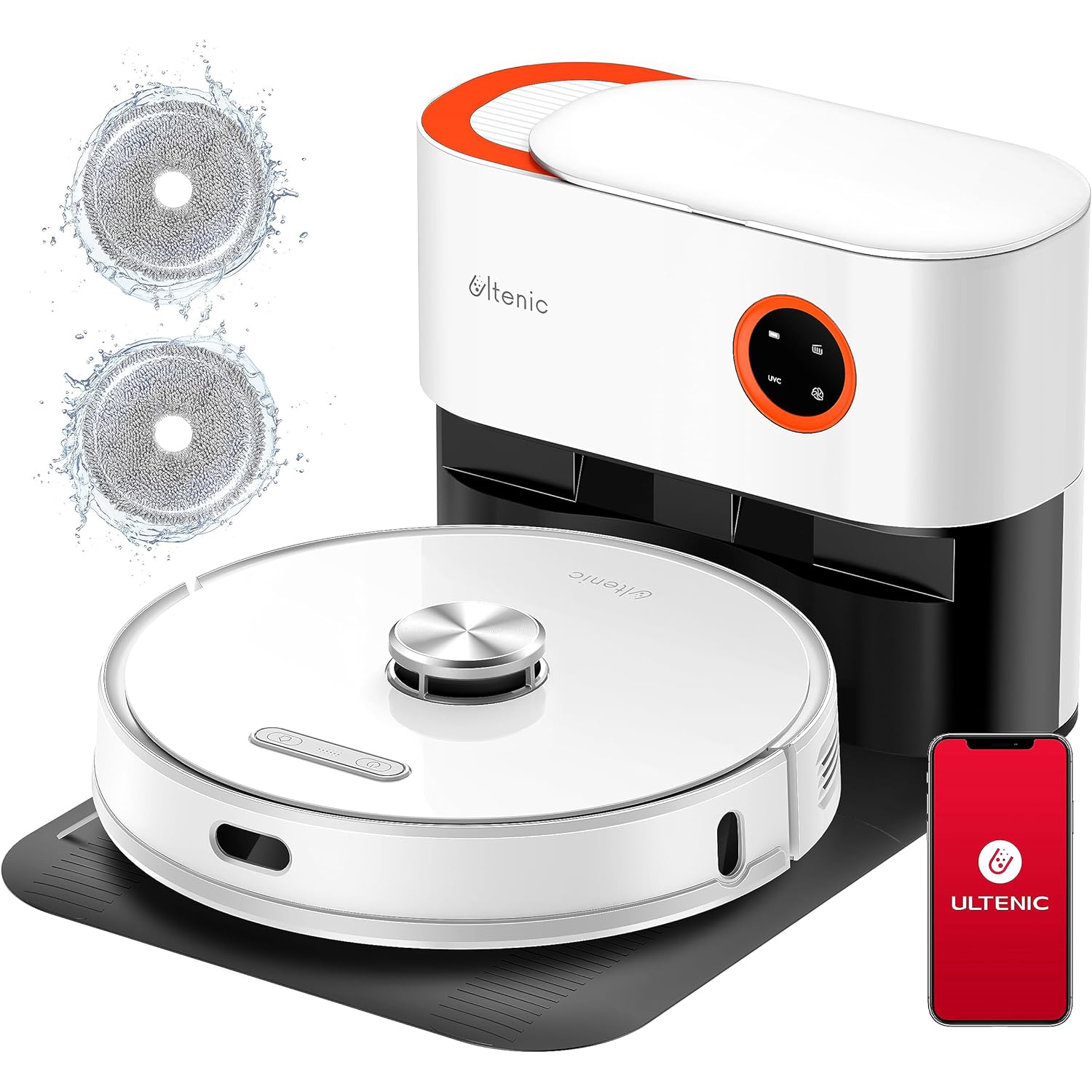 Ultenic T10 Pro robot vacuum on its base against a white background, with images of the mop pads and app