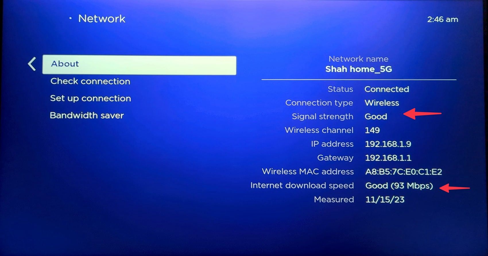 Check network connection strength on Roku