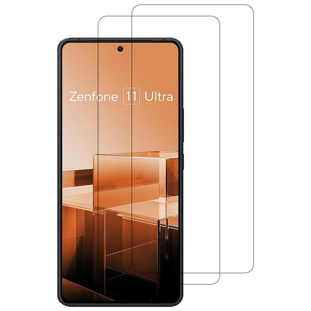 Two transparent screen protectors overlayed on a smartphone with orange wallpaper