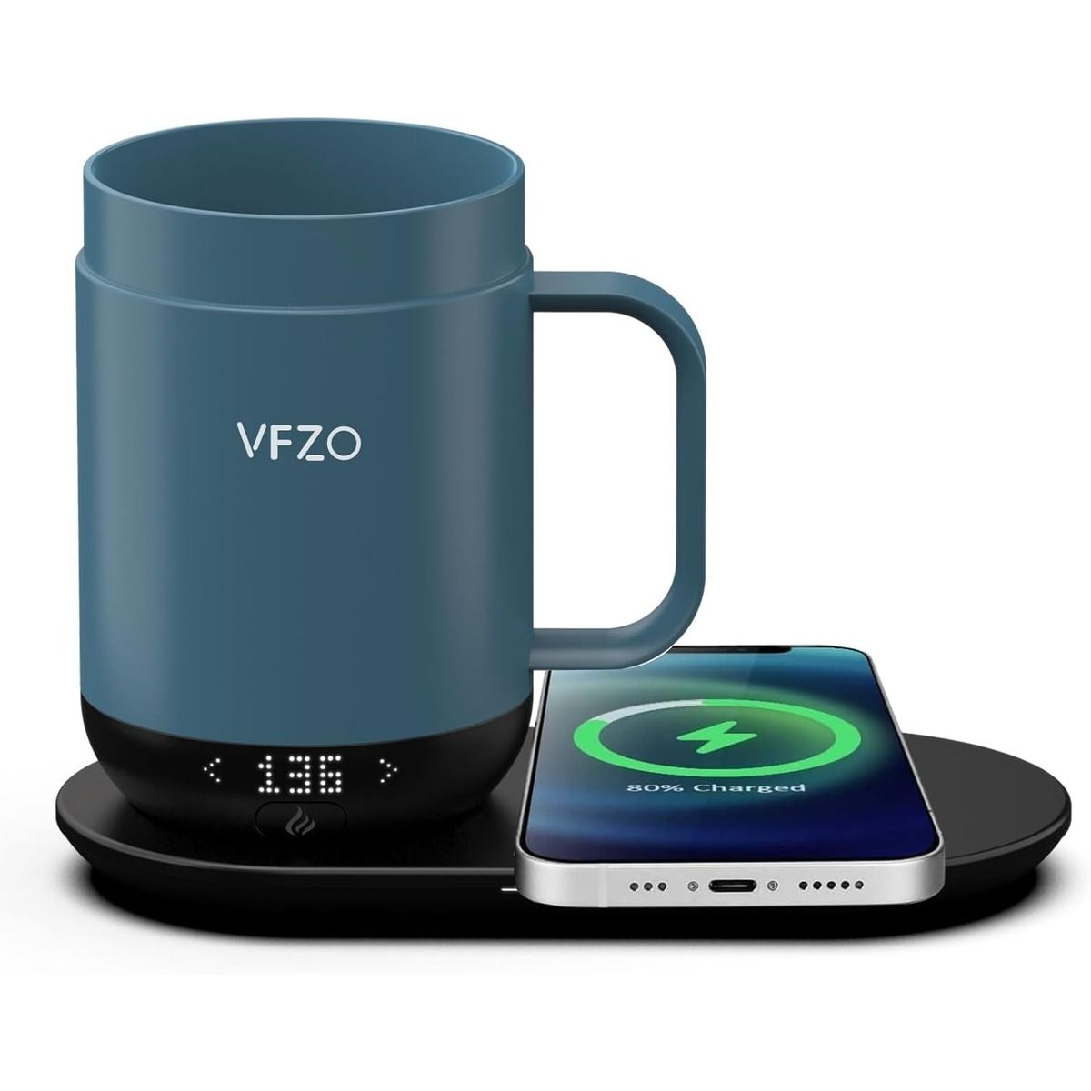 The Vfzo Smart Mug and a smartphone against a white background