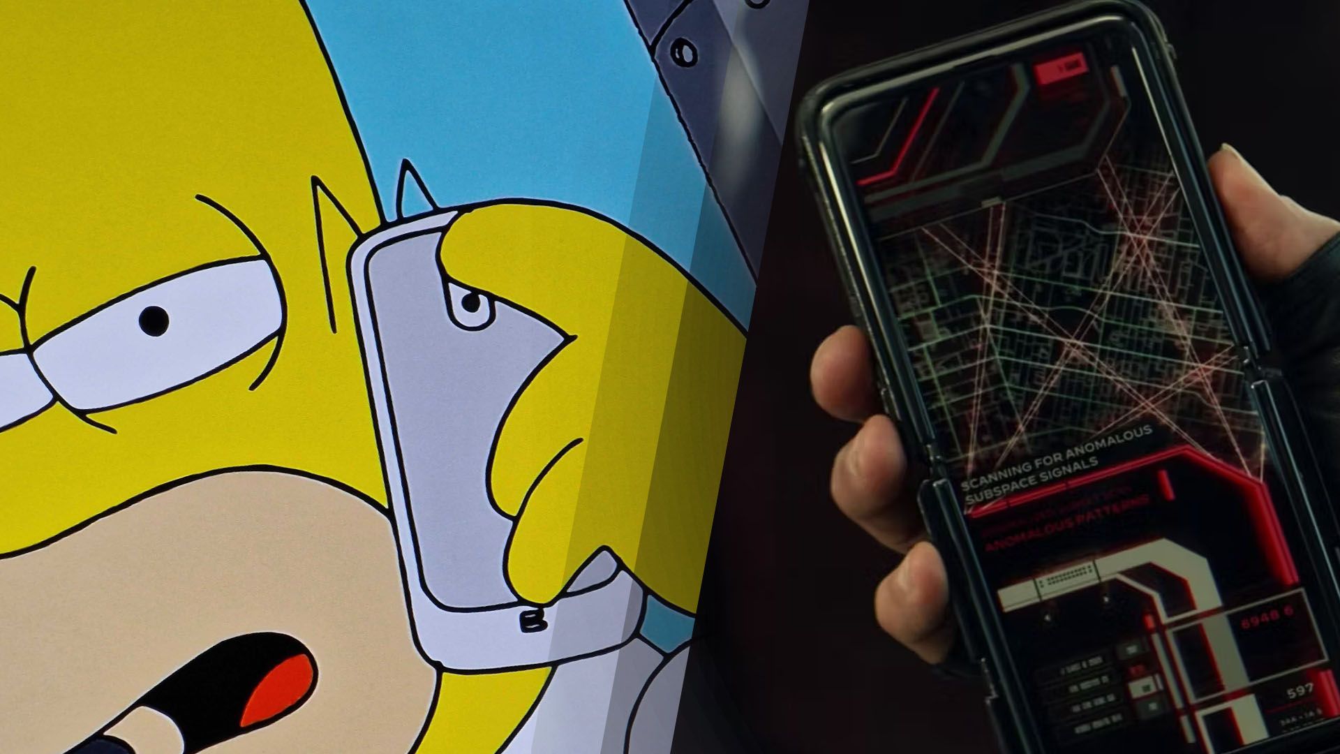 Homer Simpson holding a Galaxy Nexus and a Galaxy Flip foldable used in sci-fi