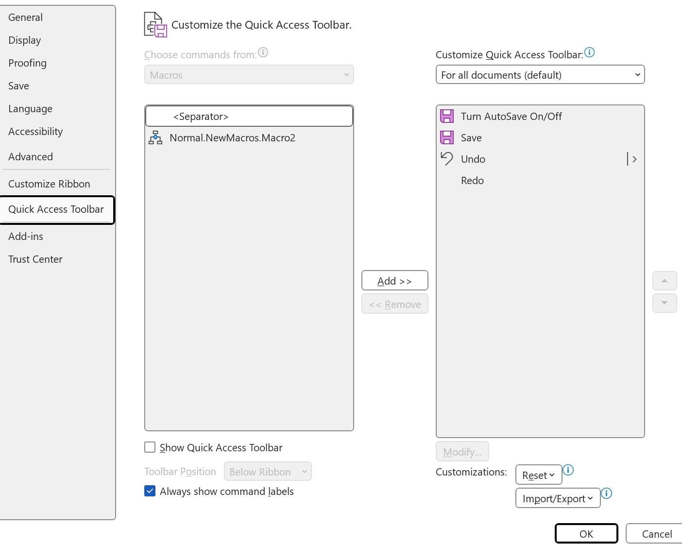 Button options when assigning macro