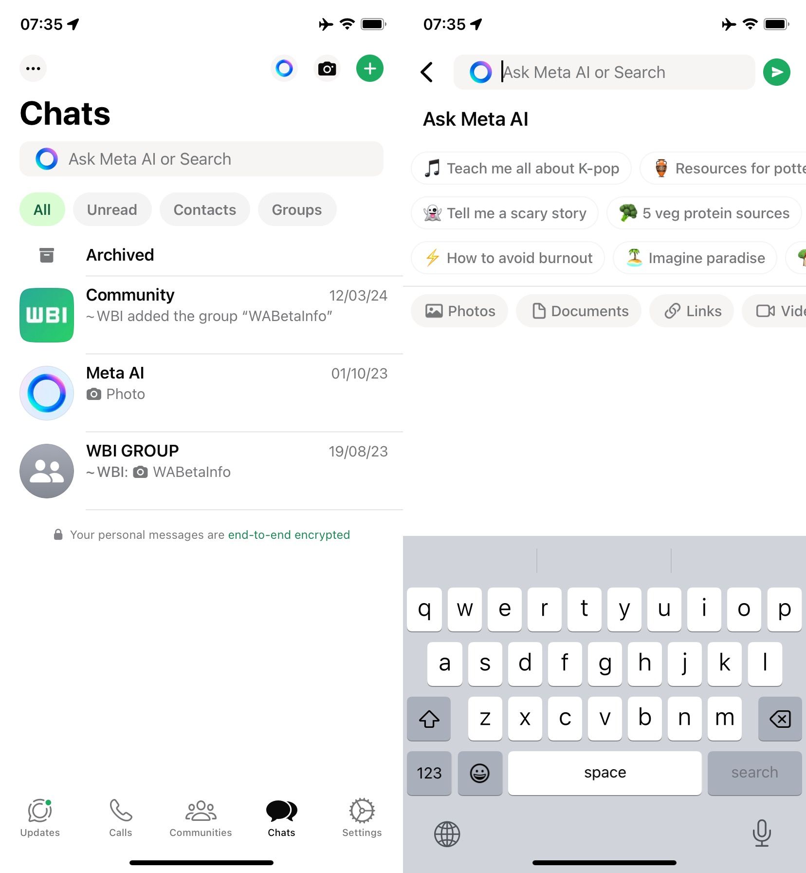 Γραμμή αναζήτησης WhatsApp iOS Meta AI
