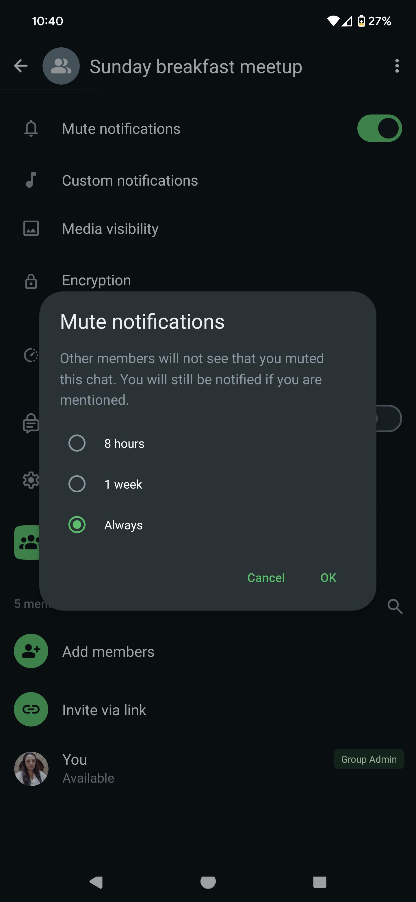 Select how long you want to mute the message notifications for.