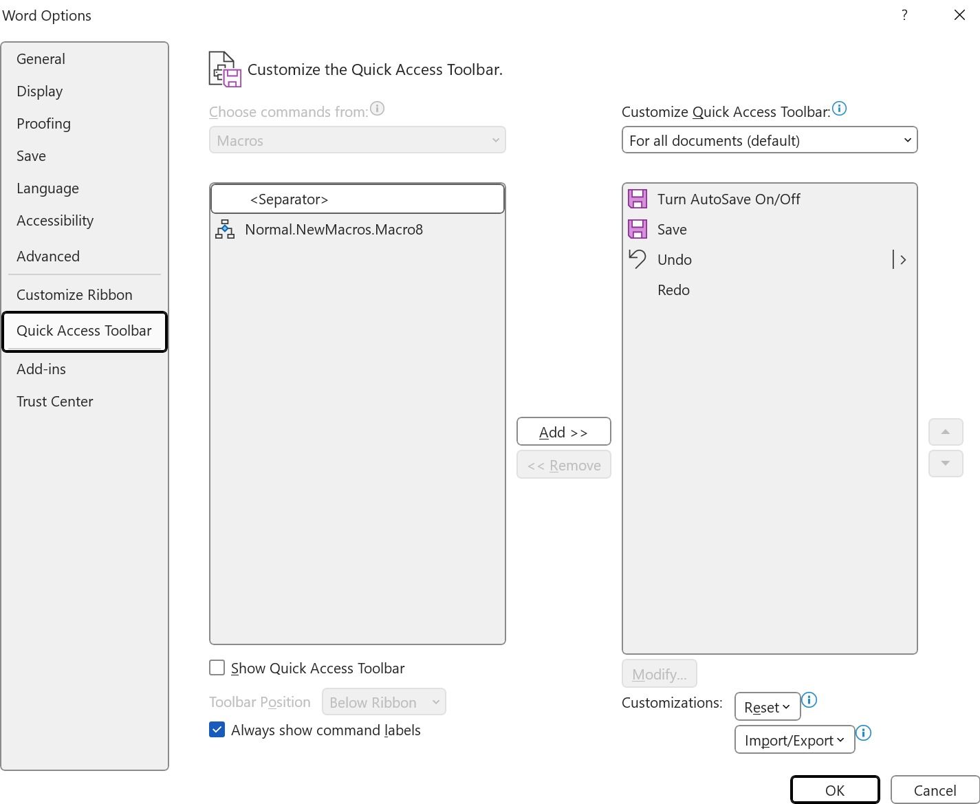 assign a button for a Word macro