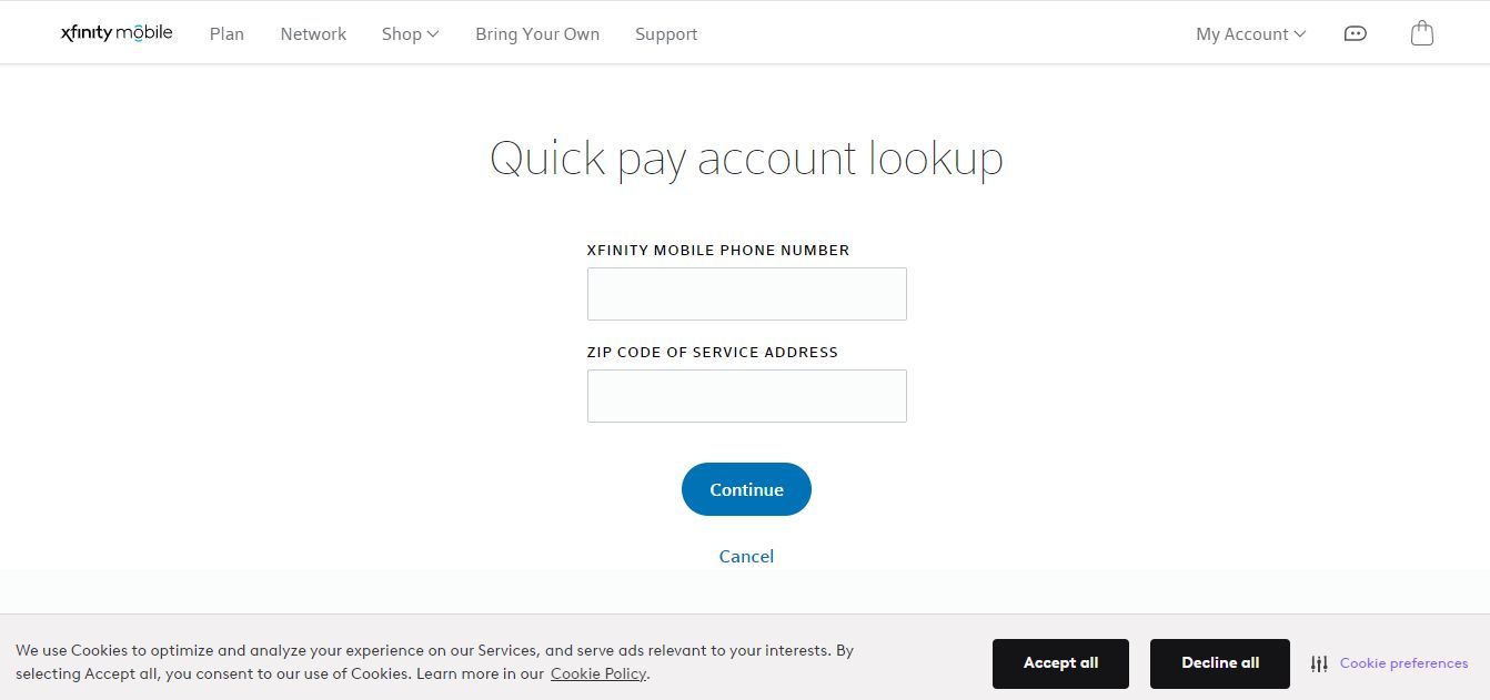 Screenshot of Xfinity's quick pay account lookup page