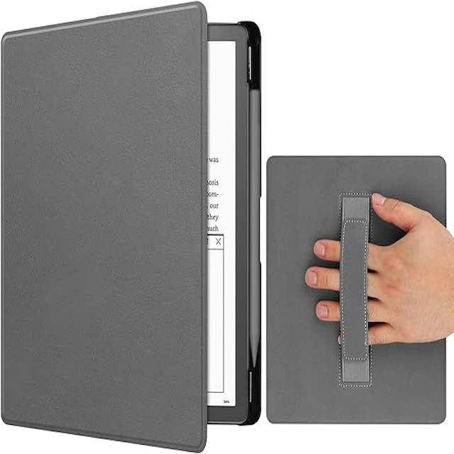 Gray Kindle Scribe case with hand strap on white background