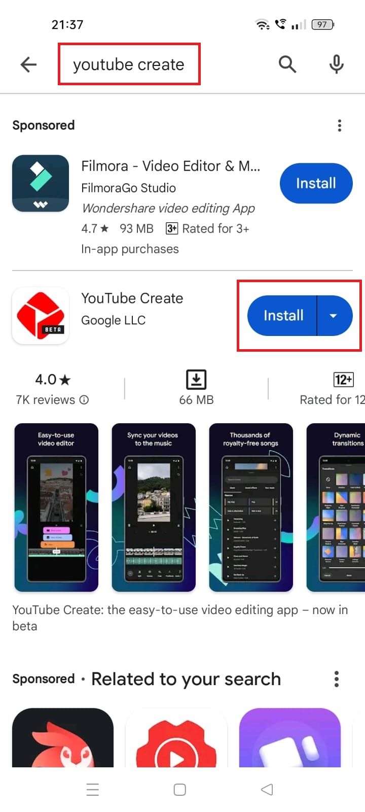 Screenshot highlighting the Install option for YouTube Create in the Google Play Store