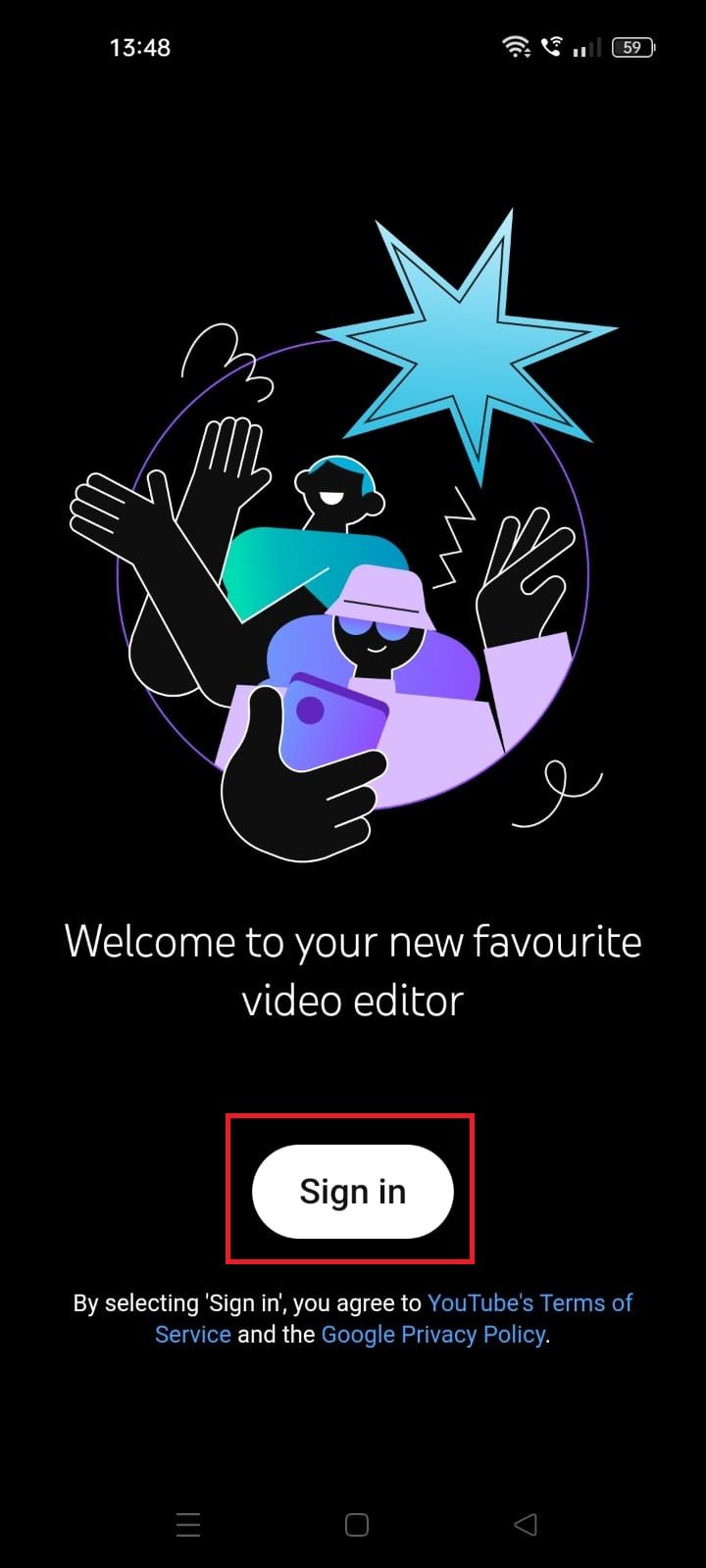 Screenshot highlighting 'Sign in' on the YouTube Create app