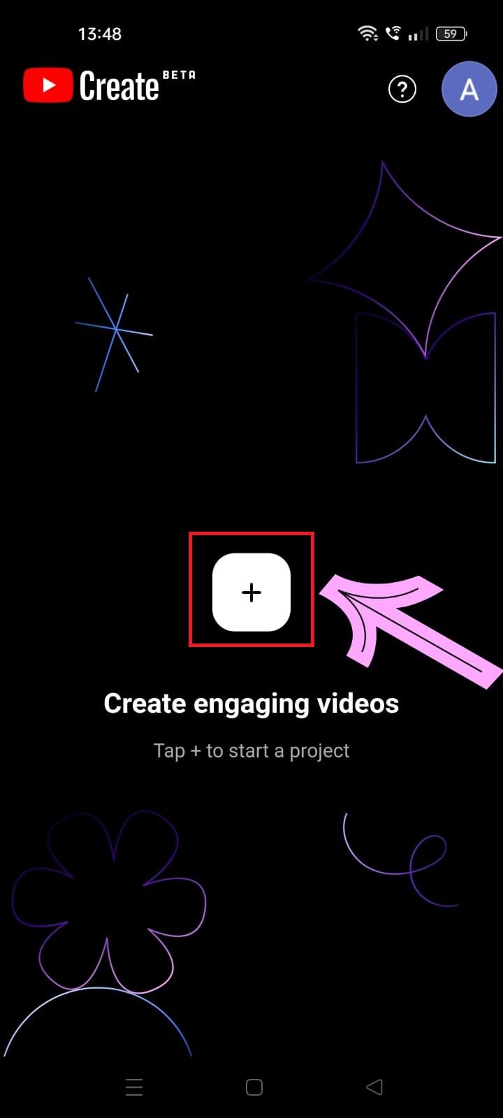 Screenshot highlighting 'the + button on the YouTube Create app