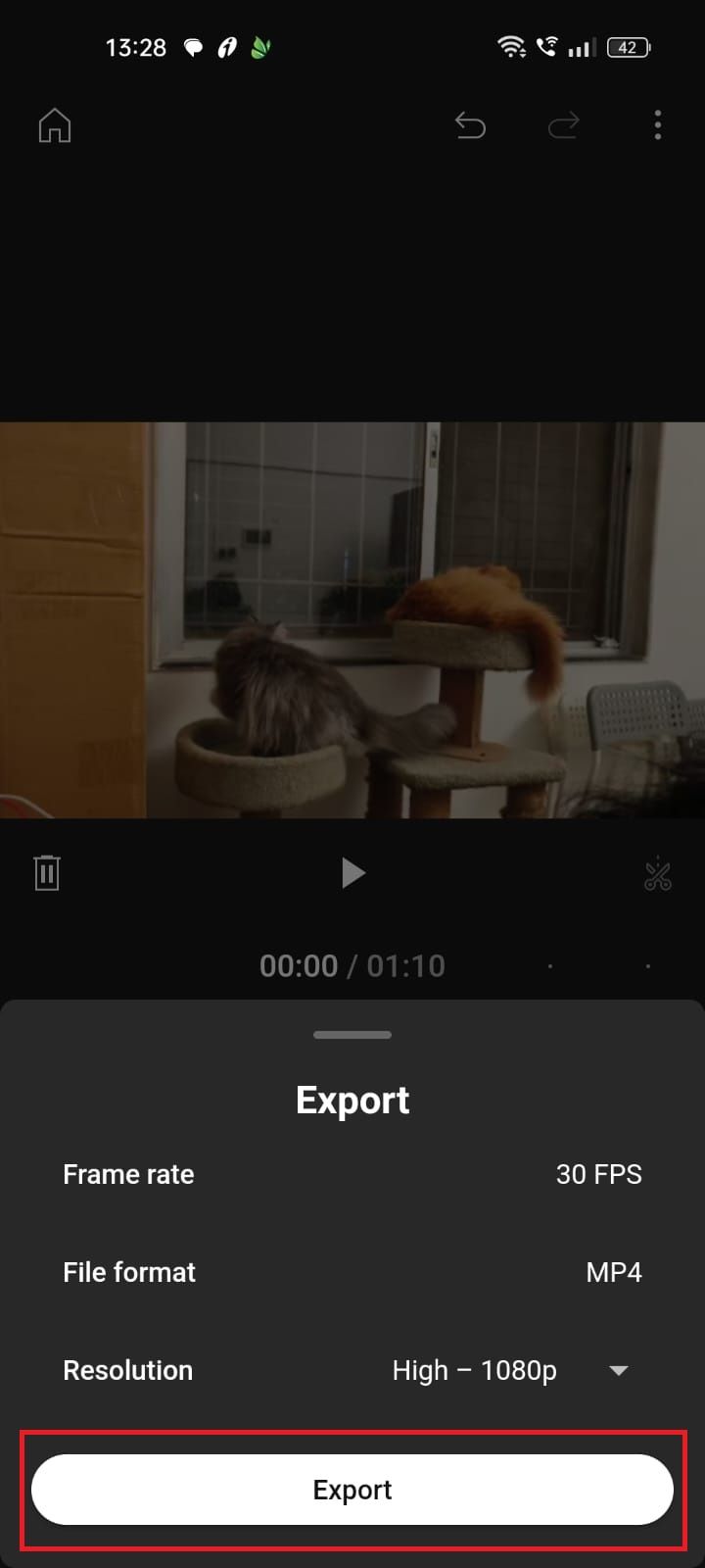 Screenshot showing the Export button on the YouTube Create app