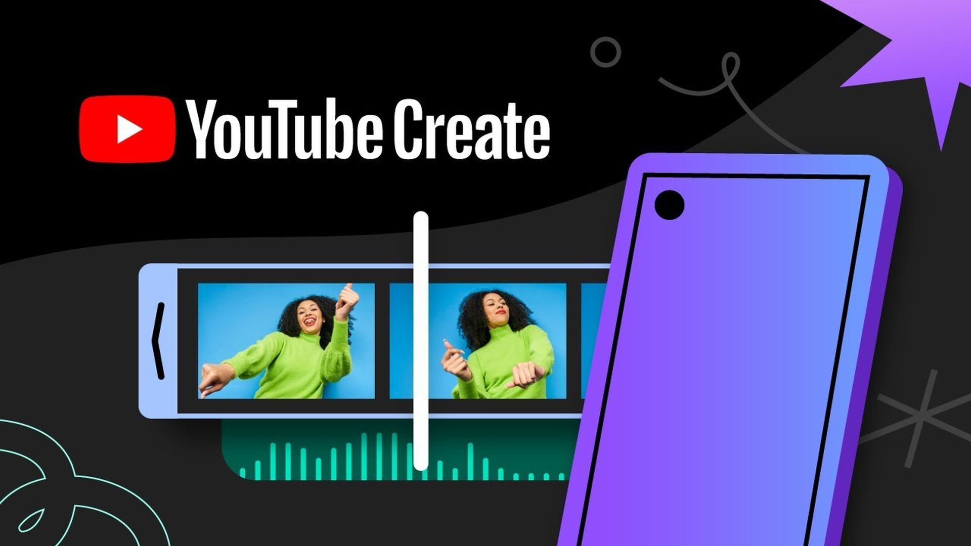 The YouTube Create logo above an image of a woman in green dancing