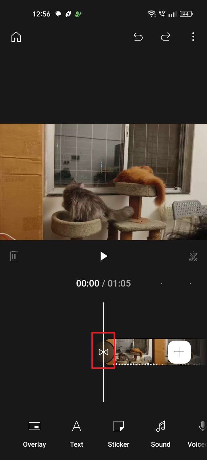 Screenshot highlighting the transition icon on the YouTube Create app