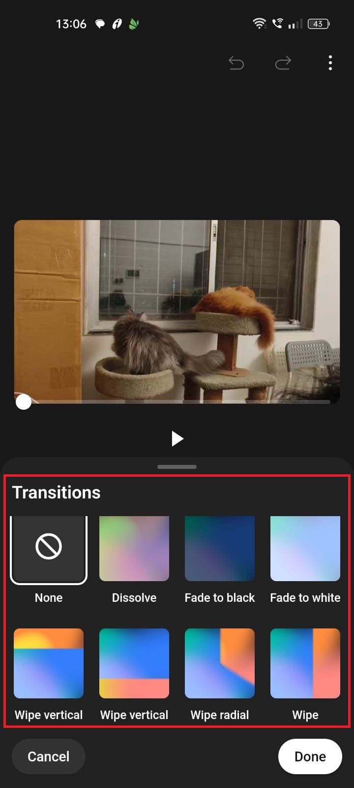 Screenshot highlighting 'the transition options on the YouTube Create app