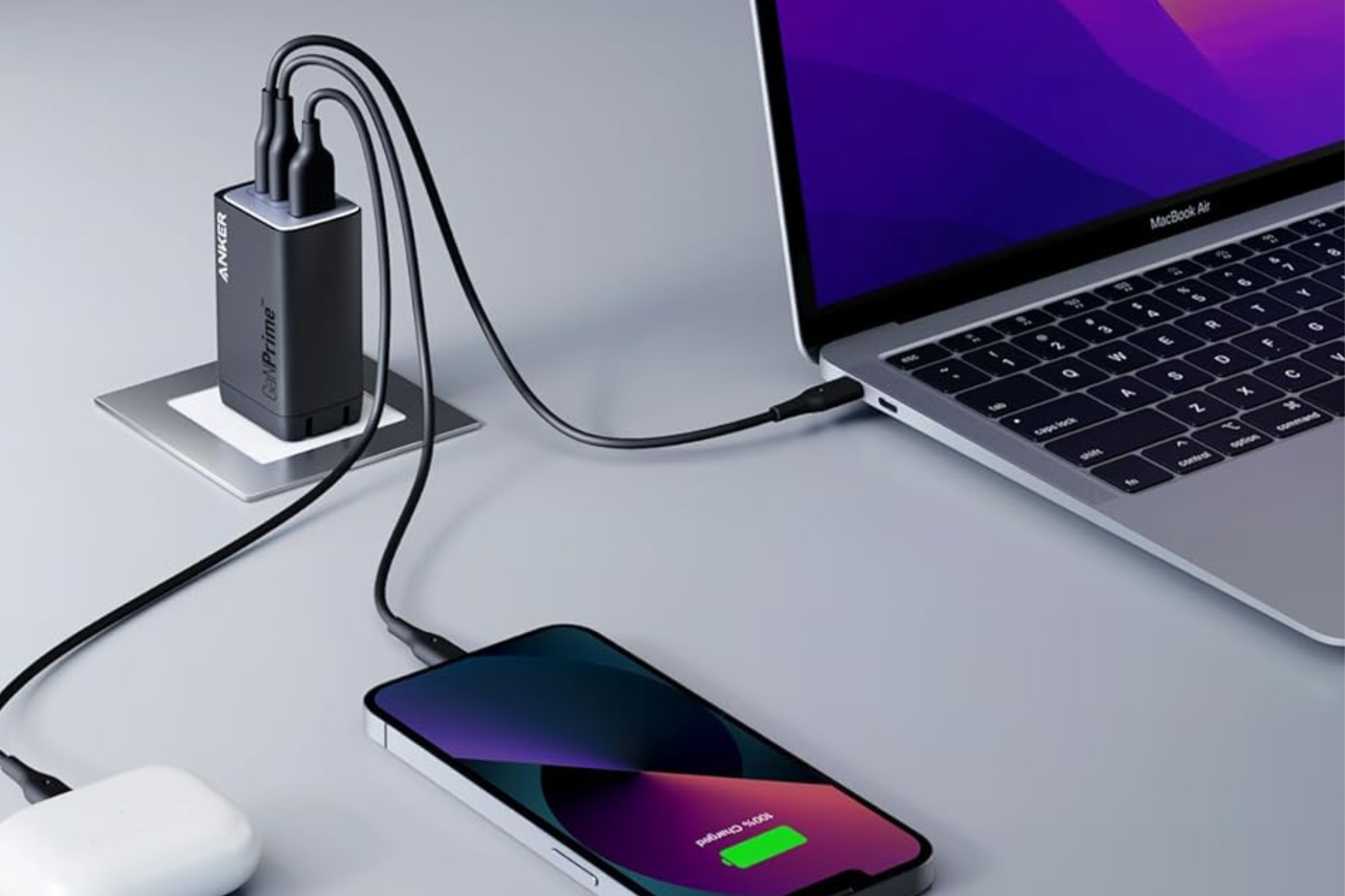 Anker GaNPrime 65W USB C Wall Charger plugged into phone and laptop