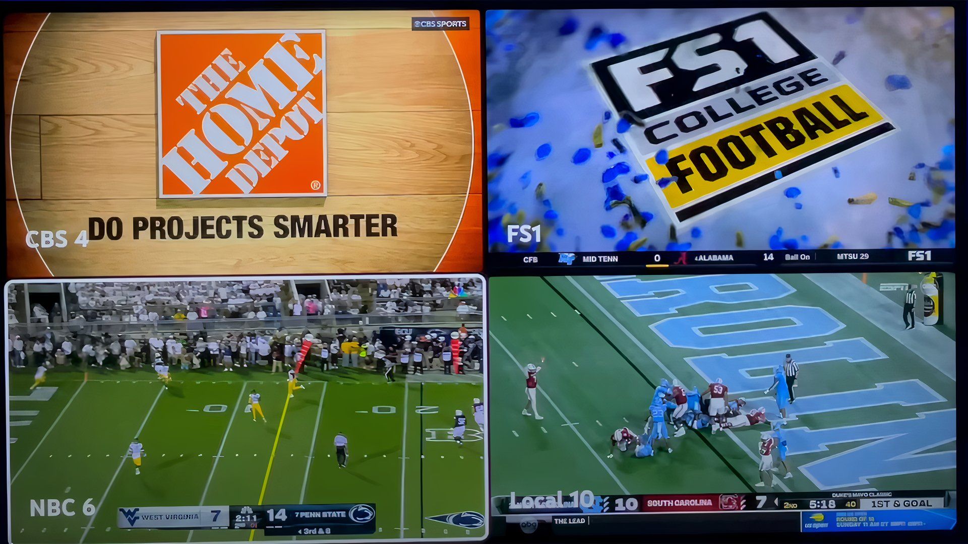 A TV screen displaying four sports broadcasts simultaneously. the bottom left view has white borders, indicating it is the view with audio.