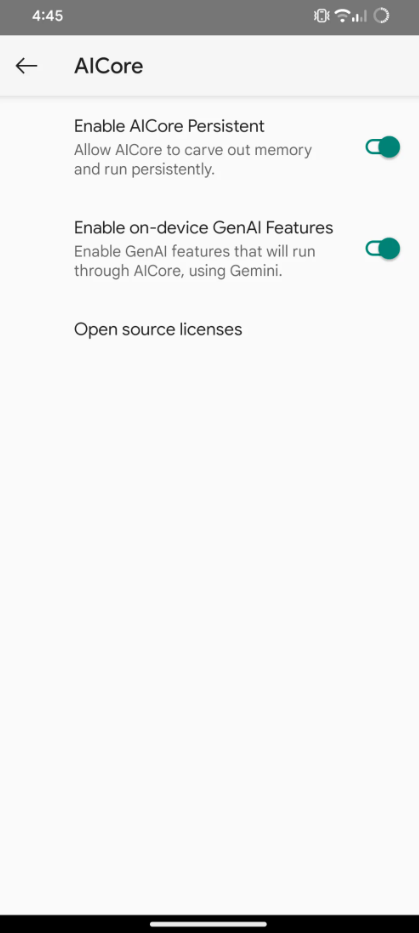 A screenshot of Google's AI Core setting screen showing toggles to enable Gemini Nano features.