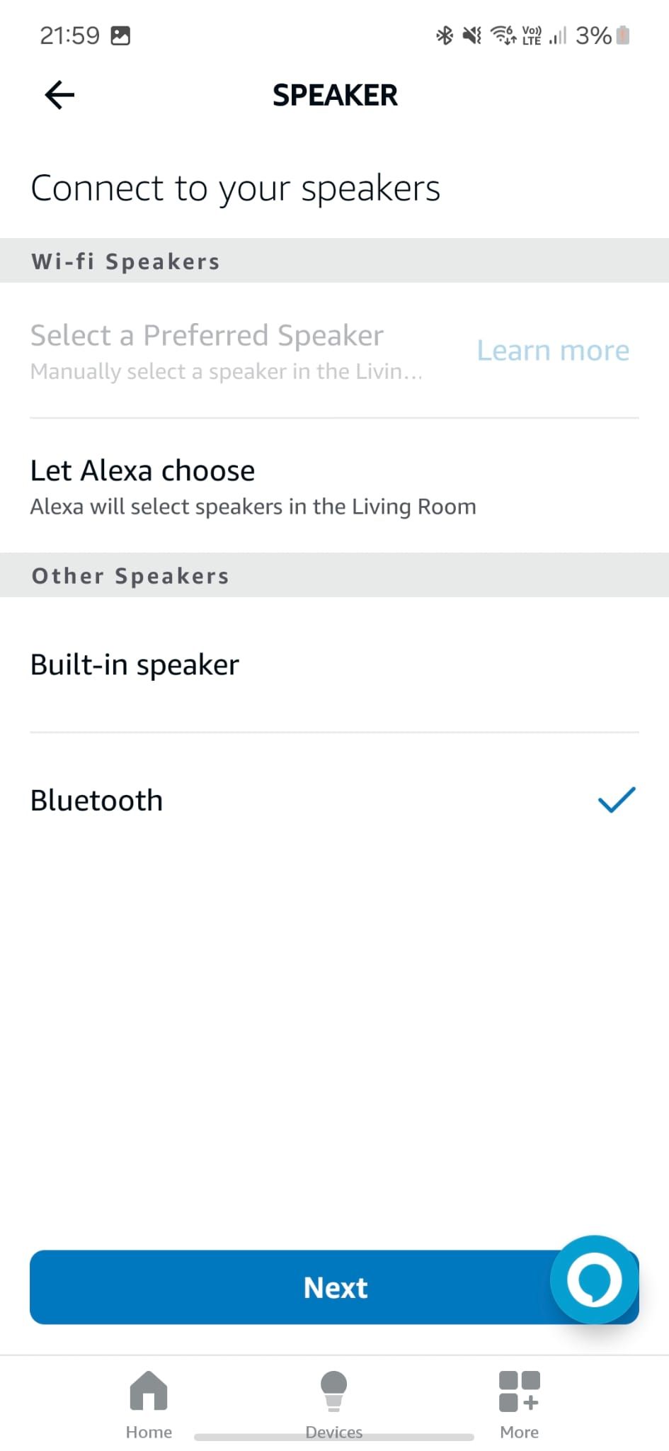 Tangkapan layar aplikasi Alexa yang menampilkan pilihan speaker