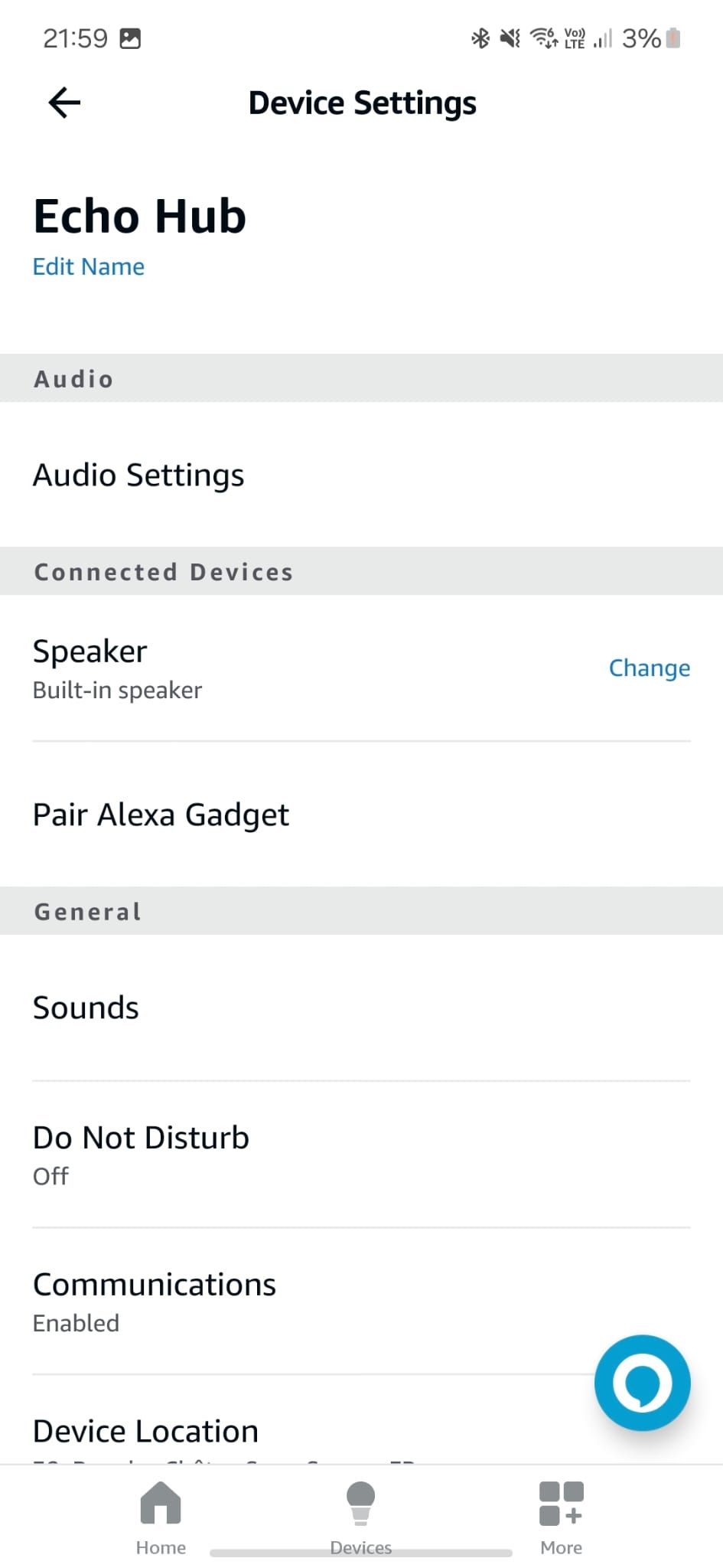 Tangkapan layar aplikasi Alexa yang menampilkan pengaturan perangkat