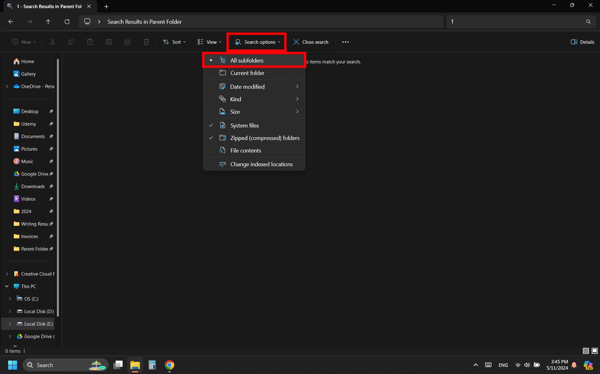 A screenshot of Windows file explorer showing the steps to toggle all subfolders in search options